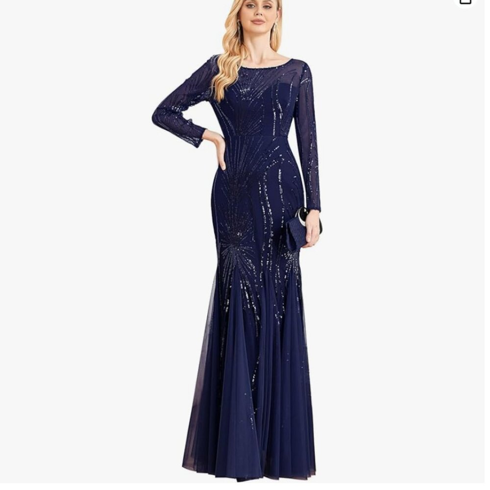 XUIBOL Long Sleeve Sequin Evening Glitter Mermaid Long Gown (Navy, L)